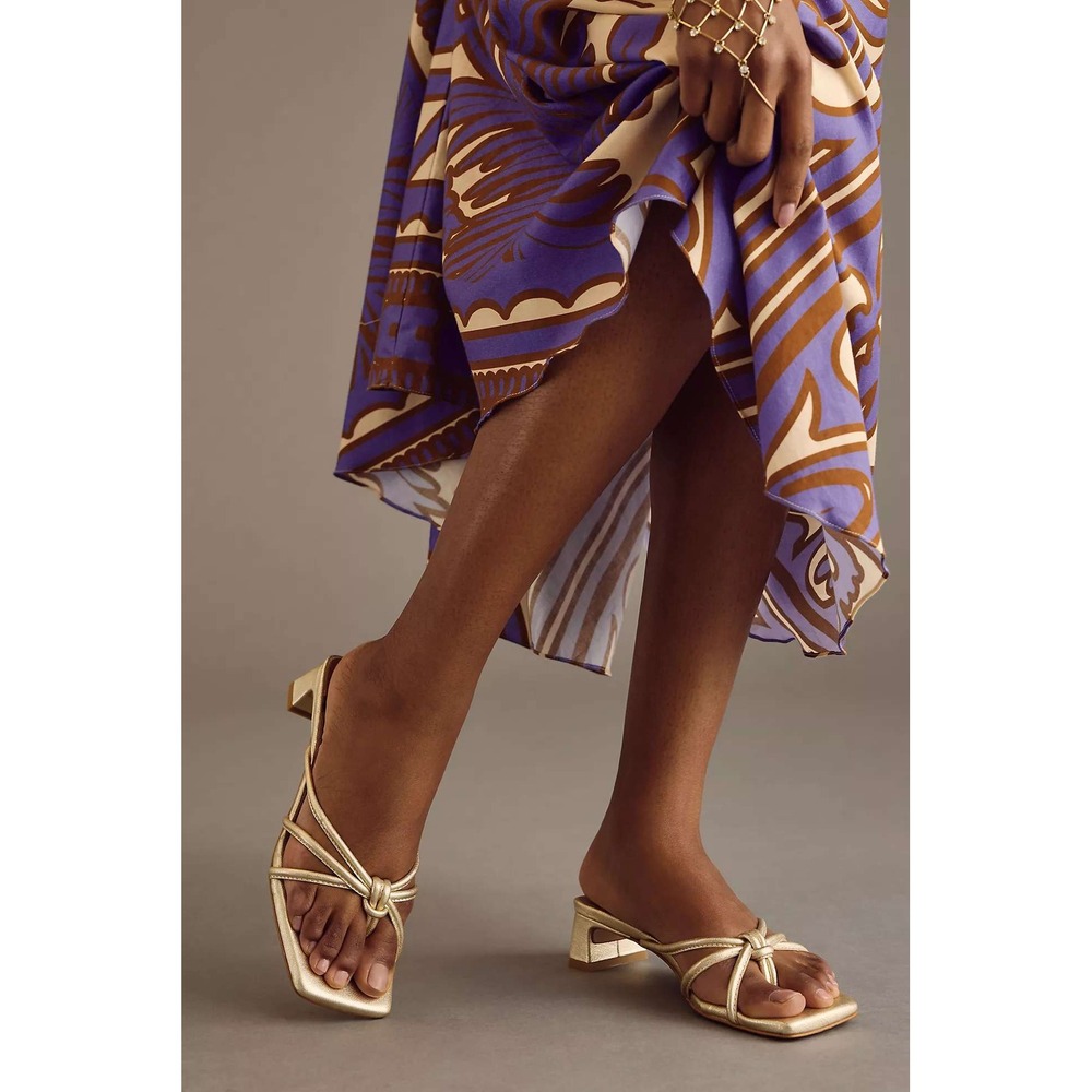 Angel Alarcon Strappy Sandals Women 36 Gold Metallic Thong Knot Low Block Heel